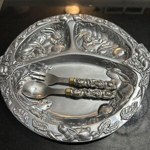 Arthur Court 1997 BUNNY 3 Section Baby Dish Plate Cast Aluminum With Spoon Fork